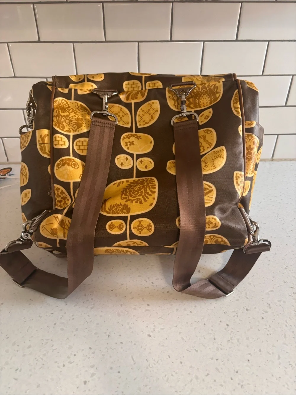 Petunia Pickle Bottom Brown & Yellow Floral Messenger Diaper Bag